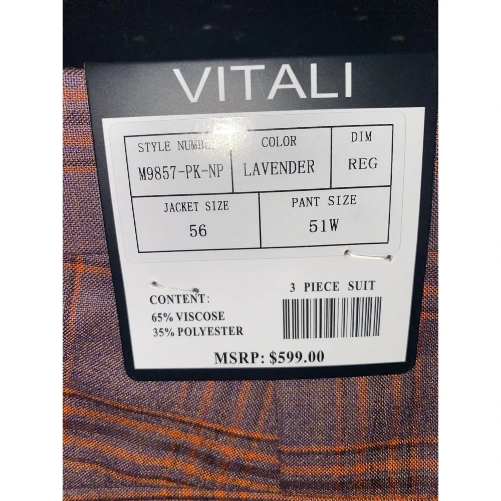 Vitali Men's 3-Piece‎ Suit Modern Fit Denim Lavender Plaid Formal 51W 56 M9857